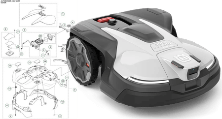 Husqvarna Automower 430V Nera med en bild av sprängskissen för reservdelar