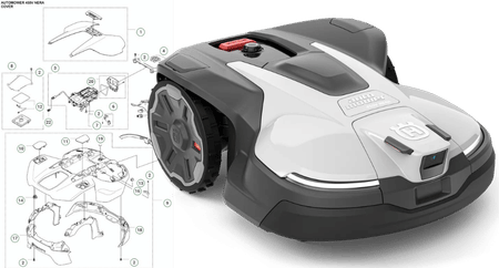 Husqvarna Automower 450V Nera med bild på sprängskiss över reservdelar